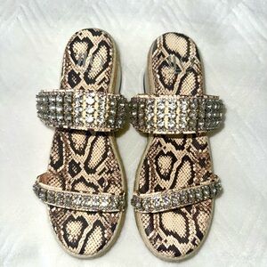 Jennifer Lopez Beige Snake-Print Slide Sandals with Crystal Straps